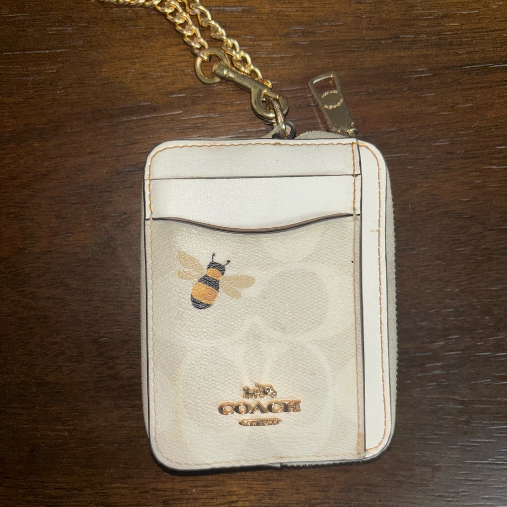 Coach Cream Card Holder with Bee and Gold Chain